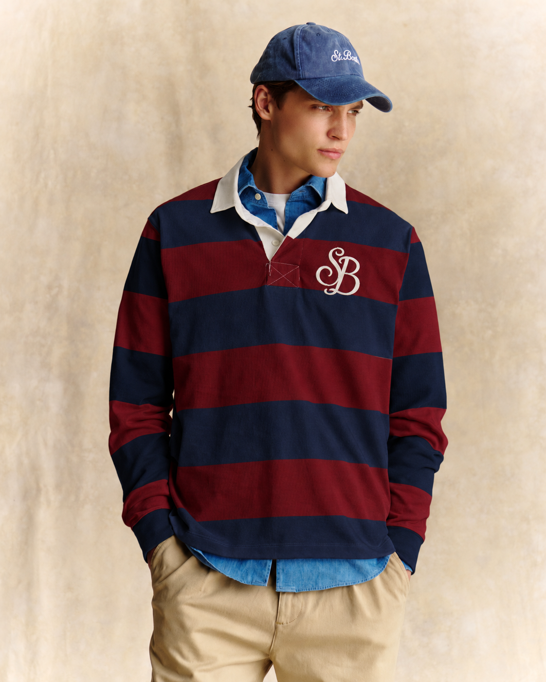 Polo de rugby Quarterback de algodón a rayas azul marino blue y burdeos con monograma SB Legacy 