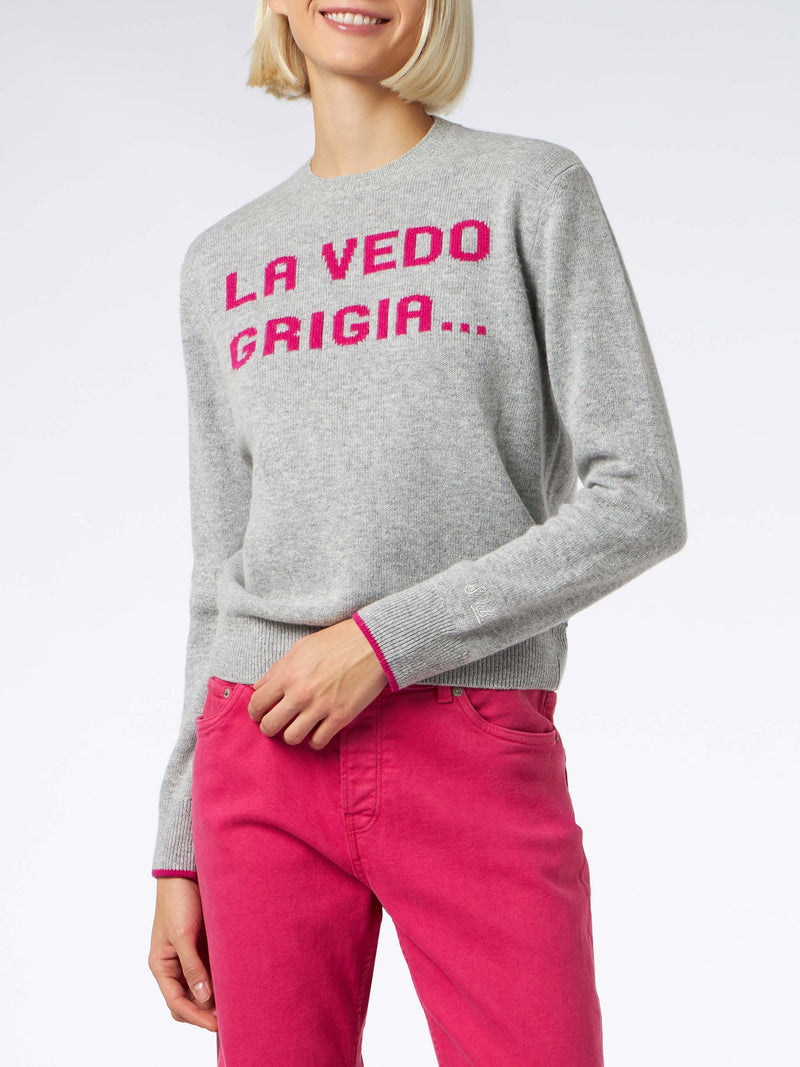 Maglia da donna girocollo grigia con stampa La Vedo Grigia...