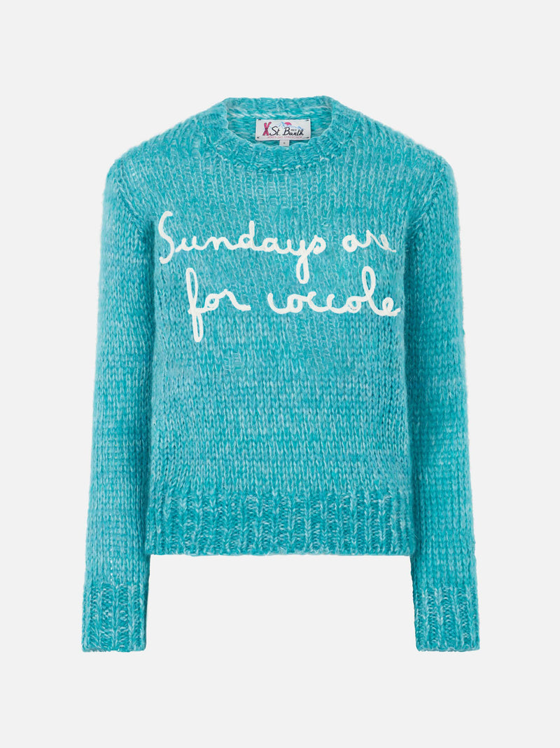 Woman crewneck soft crop sweater with Sundays are for Coccole embroidery