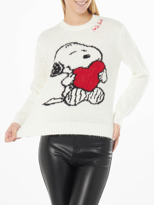 Maglia da donna girocollo nera con stampa Snoopy e Woodstock e cuore in strass | EDIZIONE SPECIALE SNOOPY PEANUTS™