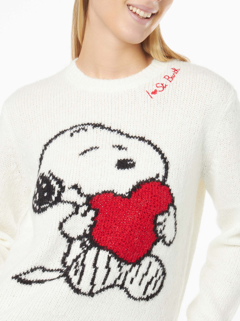 Maglia da donna girocollo nera con stampa Snoopy e Woodstock e cuore in strass | EDIZIONE SPECIALE SNOOPY PEANUTS™