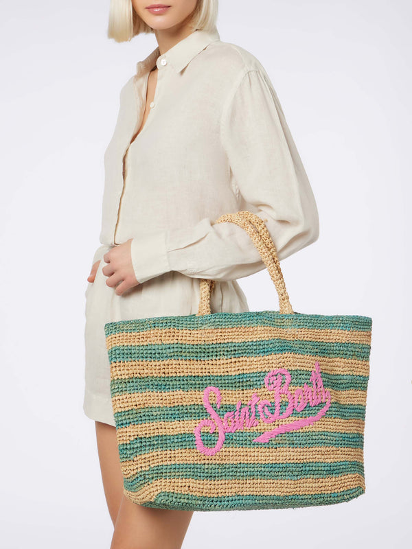 Turquoise striped Raffia Beach bag with cotton pouch