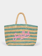 Borsa da spiaggia in rafia rigata turchese con pochette in cotone