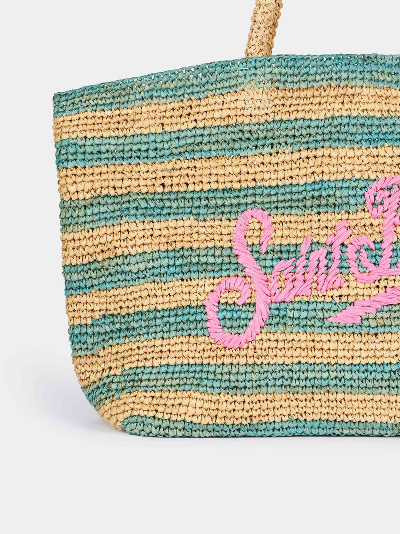 Borsa da spiaggia in rafia rigata turchese con pochette in cotone