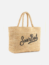 Borsa da spiaggia in rafia a righe beige con custodia in cotone