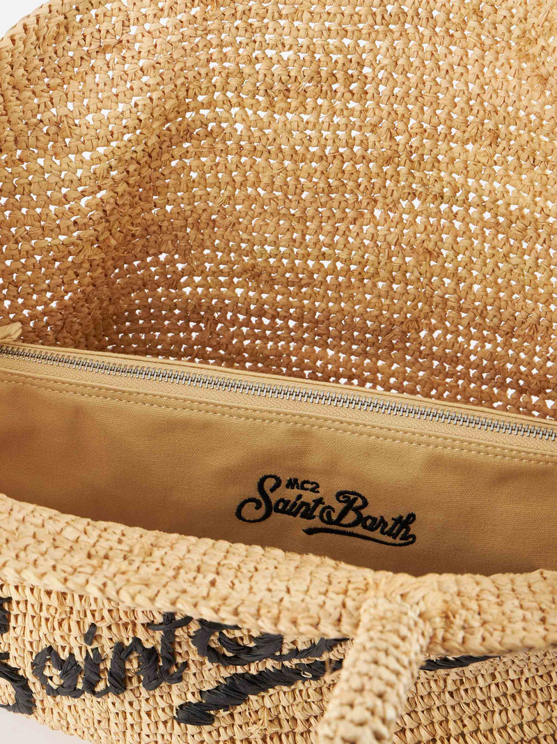 Borsa da spiaggia in rafia a righe beige con custodia in cotone