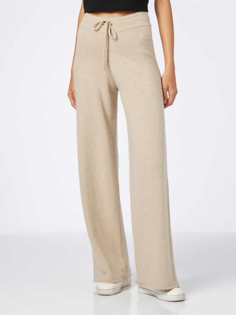 Pantalone a palazzo beige in maglia