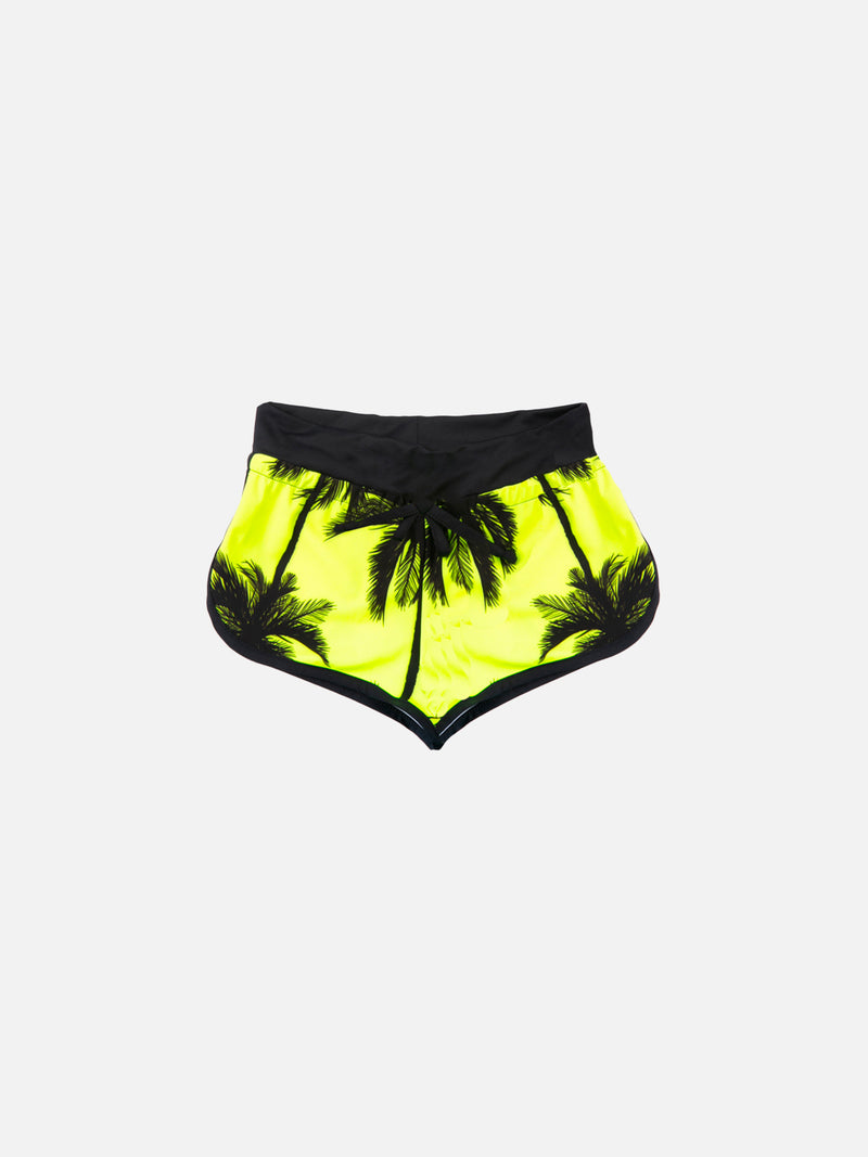 Pantaloncini da spiaggia da bambina stampa palme fluo