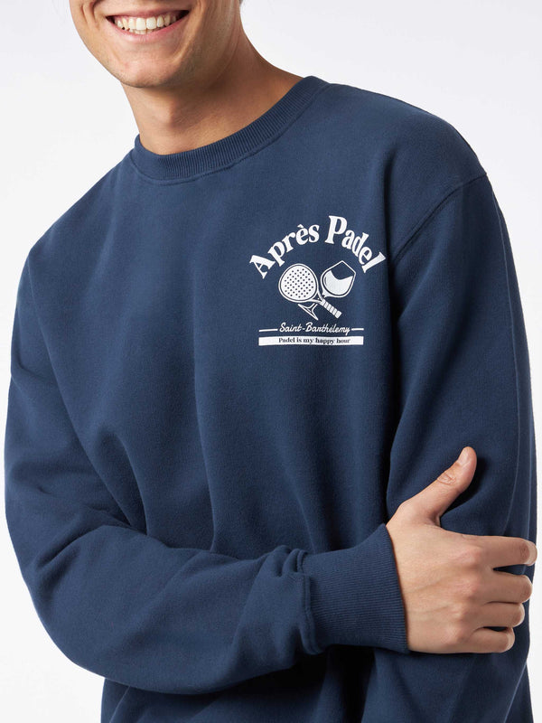 Blaues Herren-Sweatshirt mit Rundhalsausschnitt und Après Padel-Aufdruck