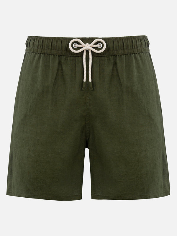 Costume da bagno da uomo di media lunghezza in lino verde militare Gustavia