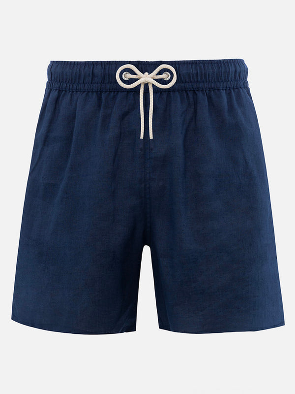 Mittellange Herren-Badeshorts aus marineblauem Leinen Gustavia