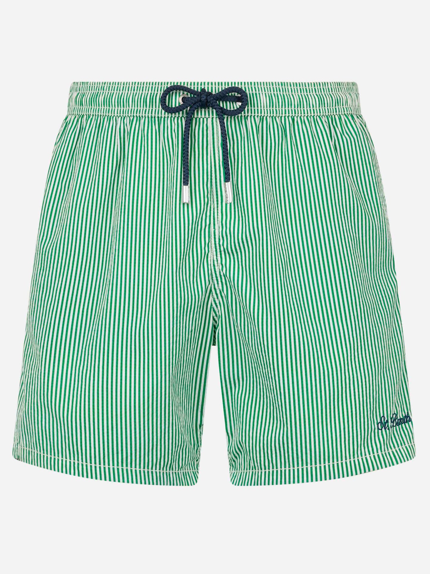 Grün gestreifte Seersucker-Badeshorts Patmos