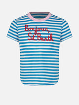 T-shirt da bambina a righe con ricamo Bonjour St. Barth