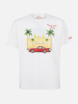 Man cotton t-shirt with Montecarlo placed print and embroidery