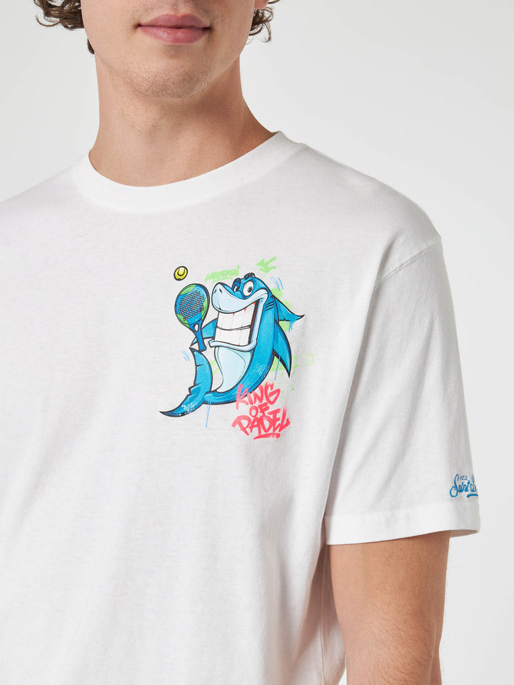 Man cotton t-shirt with Crypto puppets Shark Padel front and back placed print | CRYPTO PUPPETS SPECIAL EDITION