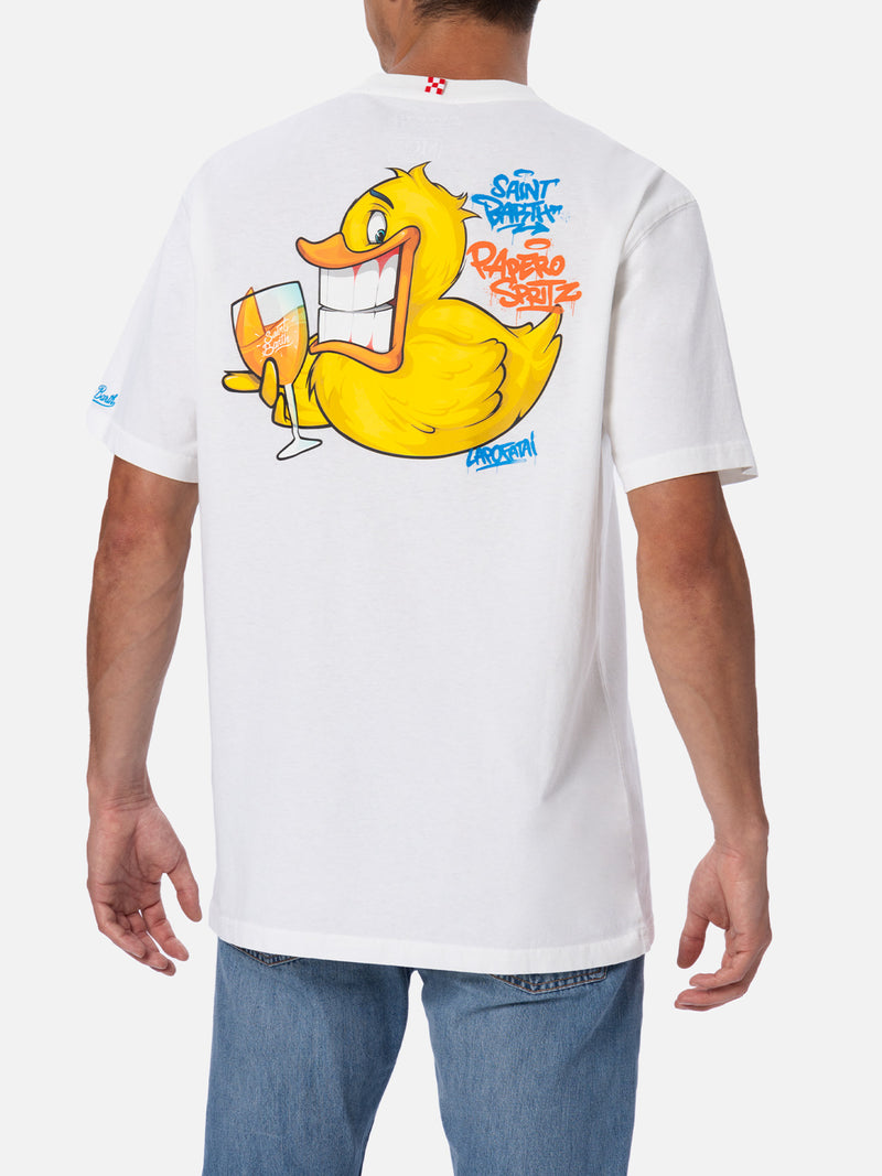 Herren-Baumwoll-T-Shirt mit platziertem Aufdruck „Cryptopuppets Ducky Aperitif“ auf Vorder- und Rückseite | CRYPTOPUPPET-SONDERAUSGABE