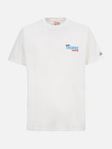 T-shirt da uomo in cotone con stampa piazzata cartolina Saint Tropez Addicted