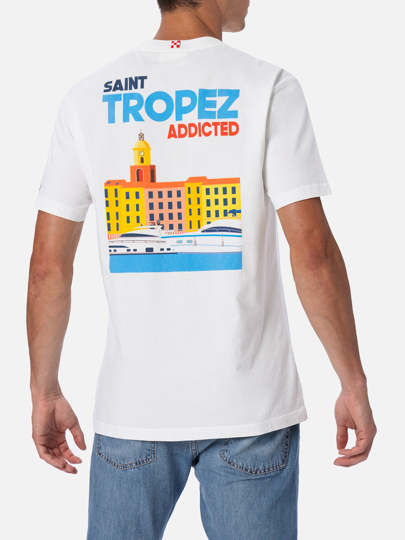 T-shirt da uomo in cotone con stampa piazzata cartolina Saint Tropez Addicted