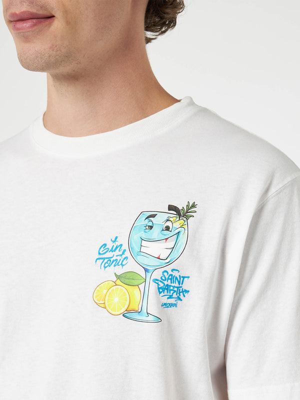 Herren-Baumwoll-T-Shirt mit platziertem Aufdruck „Cryptopuppets Gin Tonic“ auf Vorder- und Rückseite | CRYPTOPUPPET-SONDERAUSGABE