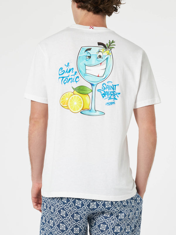 Herren-Baumwoll-T-Shirt mit platziertem Aufdruck „Cryptopuppets Gin Tonic“ auf Vorder- und Rückseite | CRYPTOPUPPET-SONDERAUSGABE