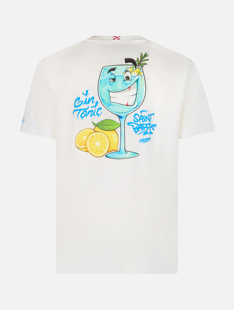 T-shirt da uomo in cotone con stampa piazzata Cryptopuppets Gin Tonic davanti e dietro | EDIZIONE SPECIALE CRYPTOPUPPETS