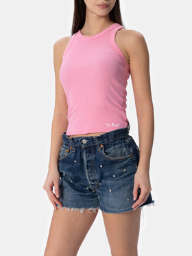 Woman rib-knit pink cotton tank top - MC2 Saint Barth