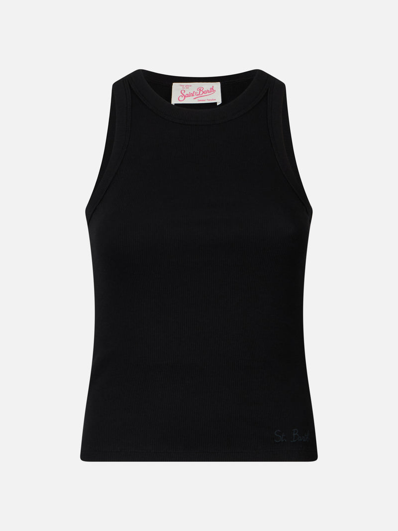 Schwarzes Tanktop aus gerippter Baumwolle für Damen