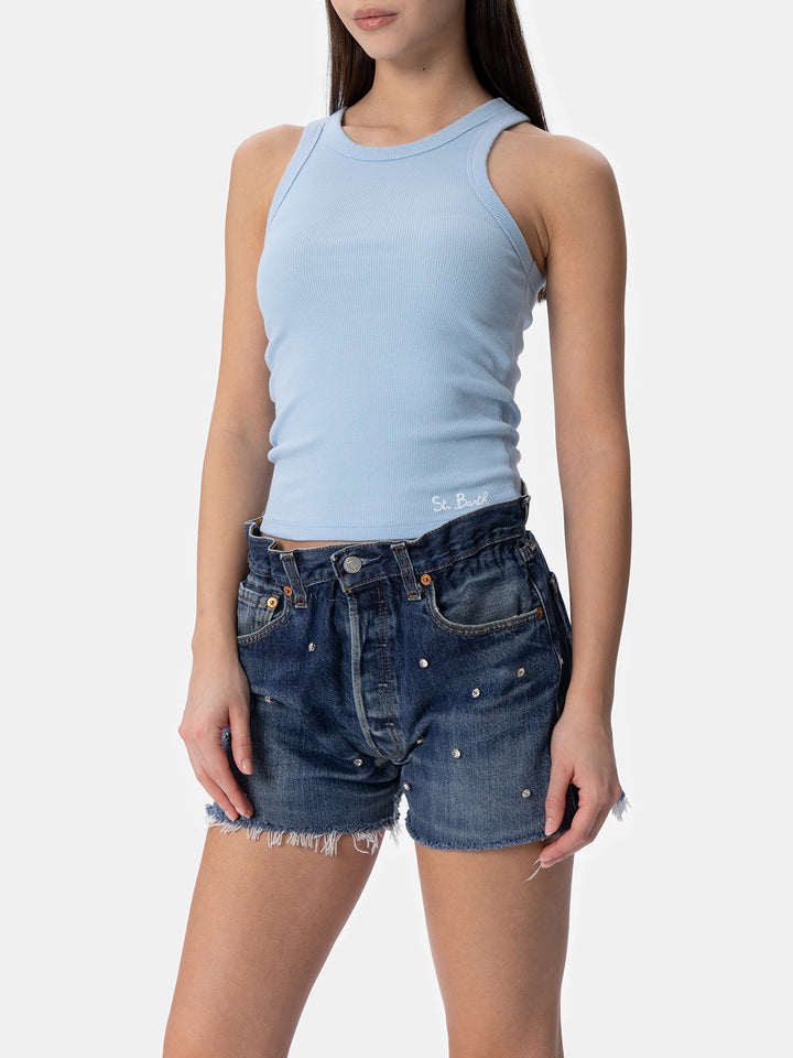 Ada light blue ribbed cotton tank top - MC2 Saint Barth