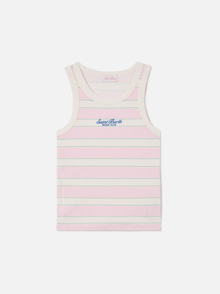 Pink striped Ada tank top with beach club embroidery