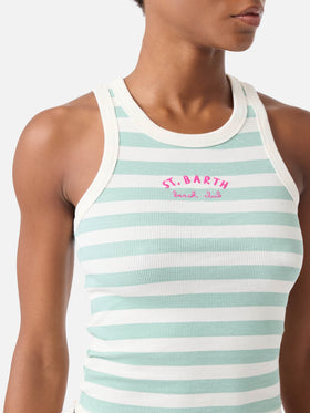 Sage green striped Ada tank top with beach club embroidery