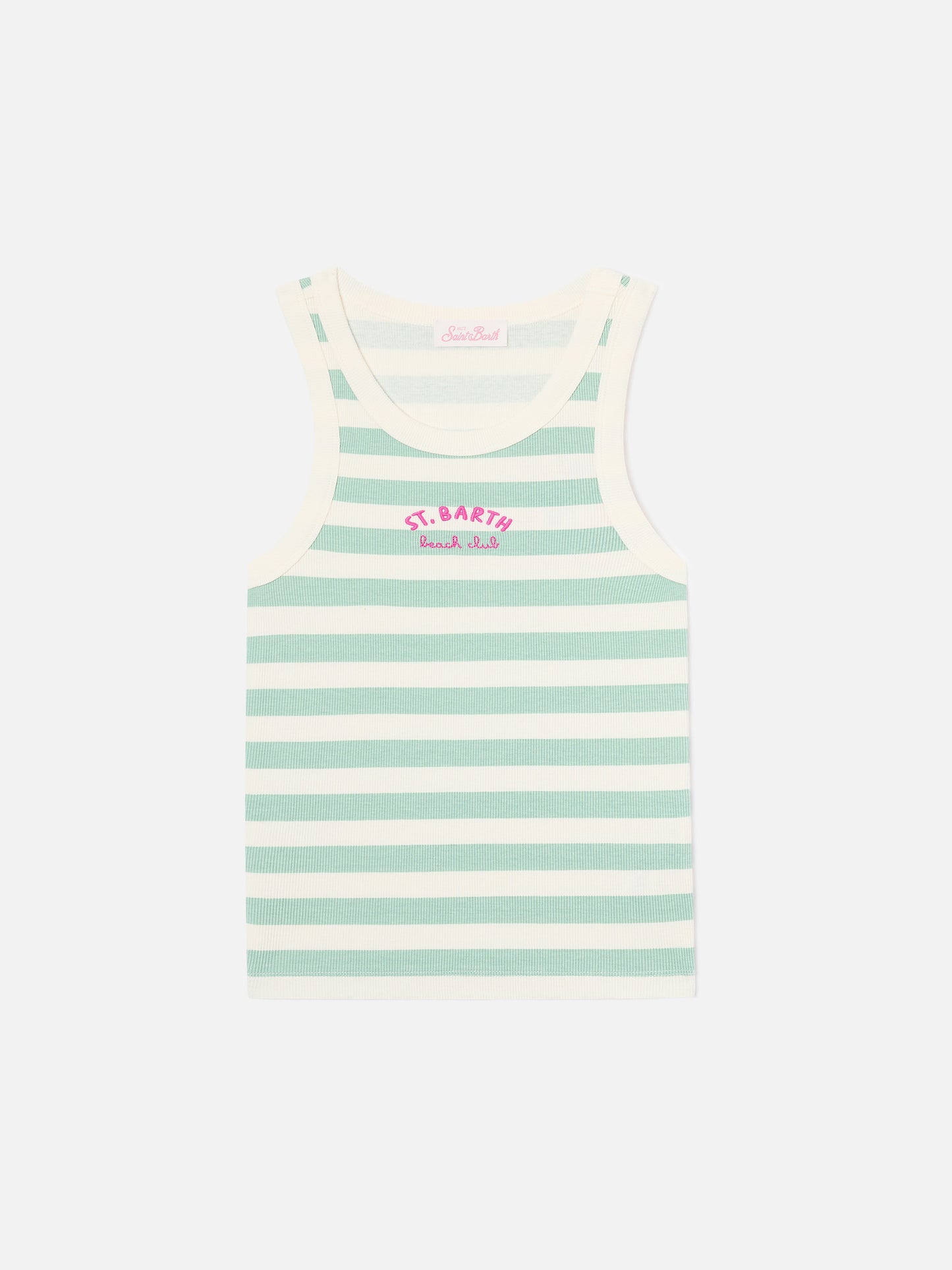 Sage green striped Ada tank top with beach club embroidery