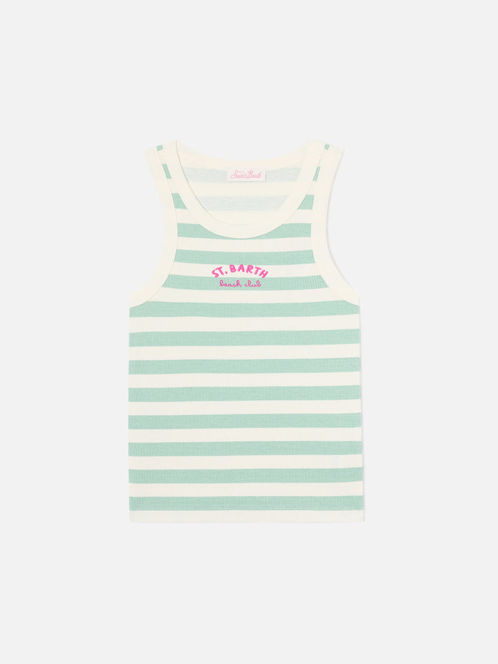 Sage green striped Ada tank top with beach club embroidery