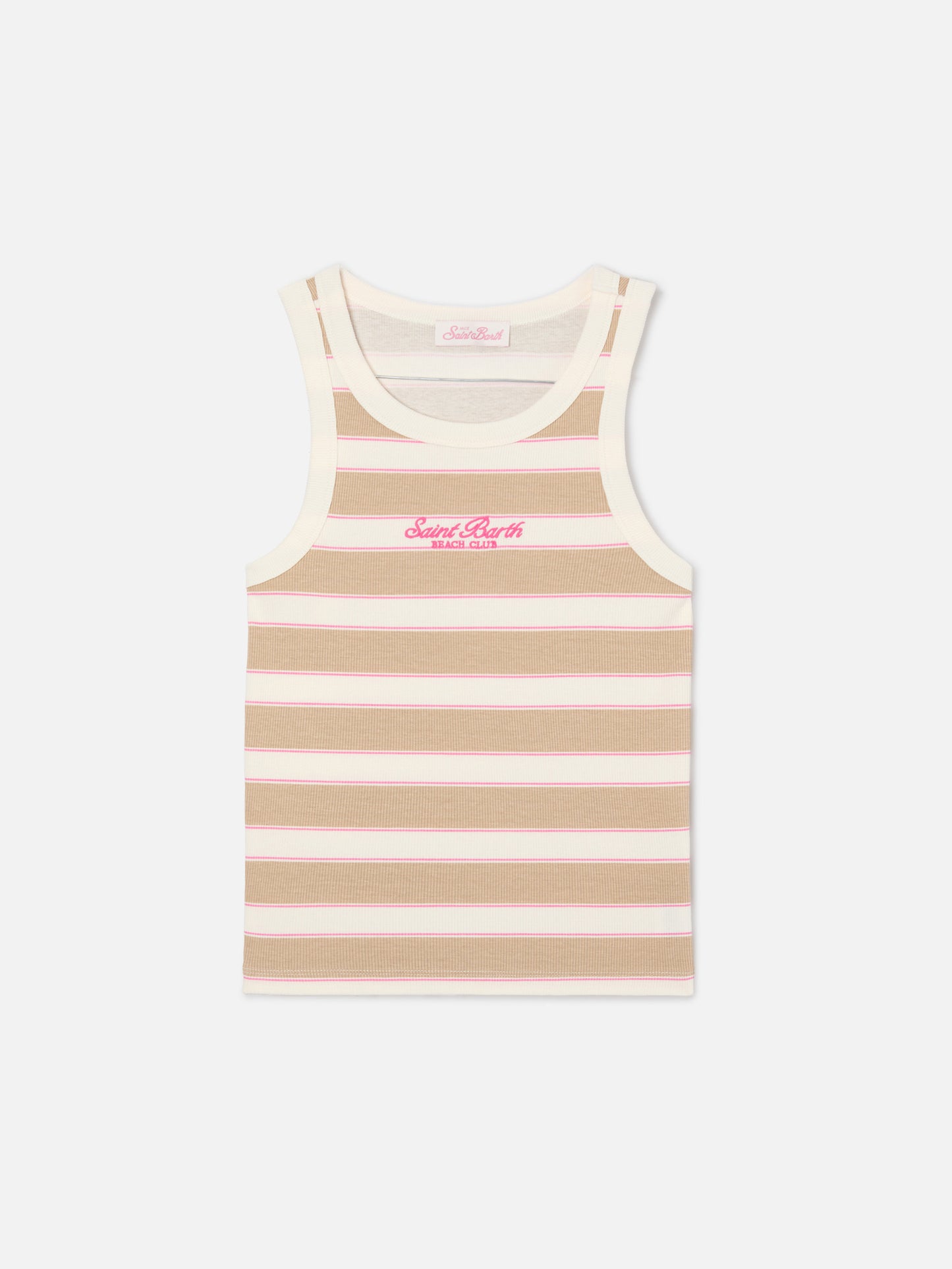 Blue Camiseta de tirantes Jr con rayas beige y rosas y logo bordado 