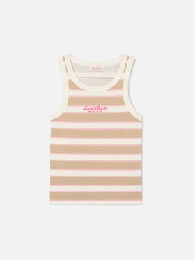 Blue Camiseta de tirantes Jr con rayas beige y rosas y logo bordado 