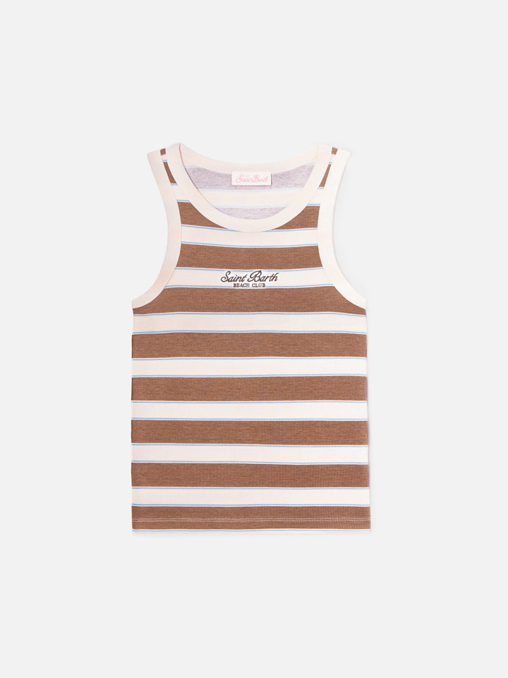 Braun gestreiftes Ada-Tanktop mit Beach-Club-Stickerei 