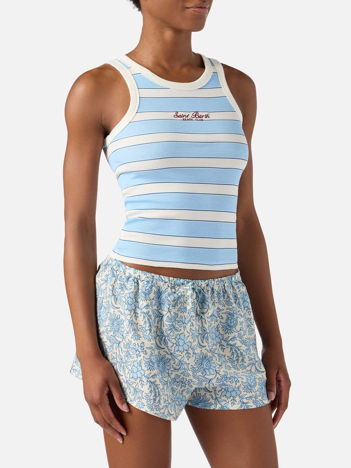 Light blue striped Ada tank top with beach club embroidery