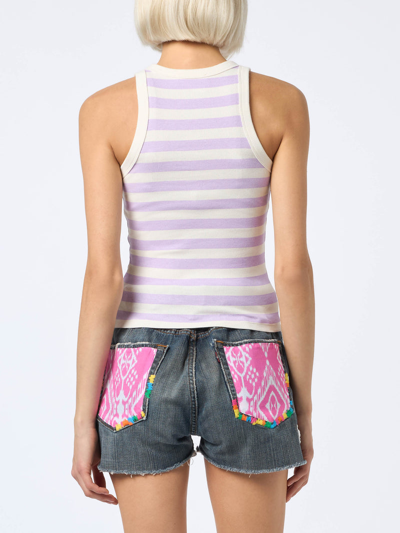 Woman rib-knit lilac and off-white striped cotton tank top