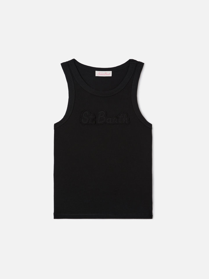 Ribbed black Ada tank top with raised logo patch