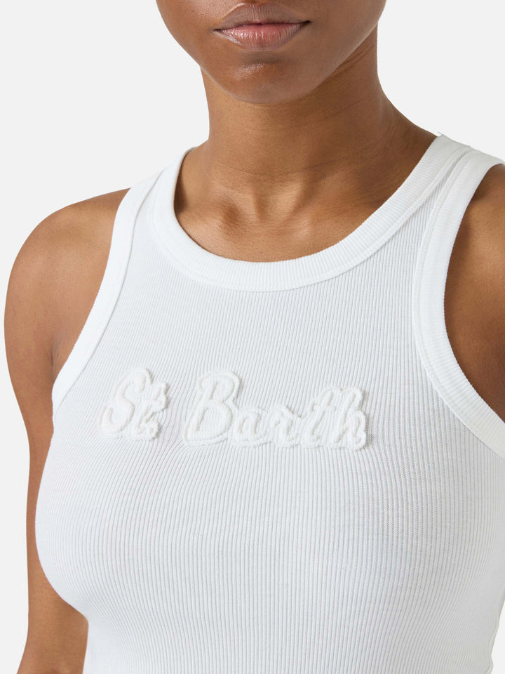 Canottiera Ada a costine bianca con patch logo in rilievo