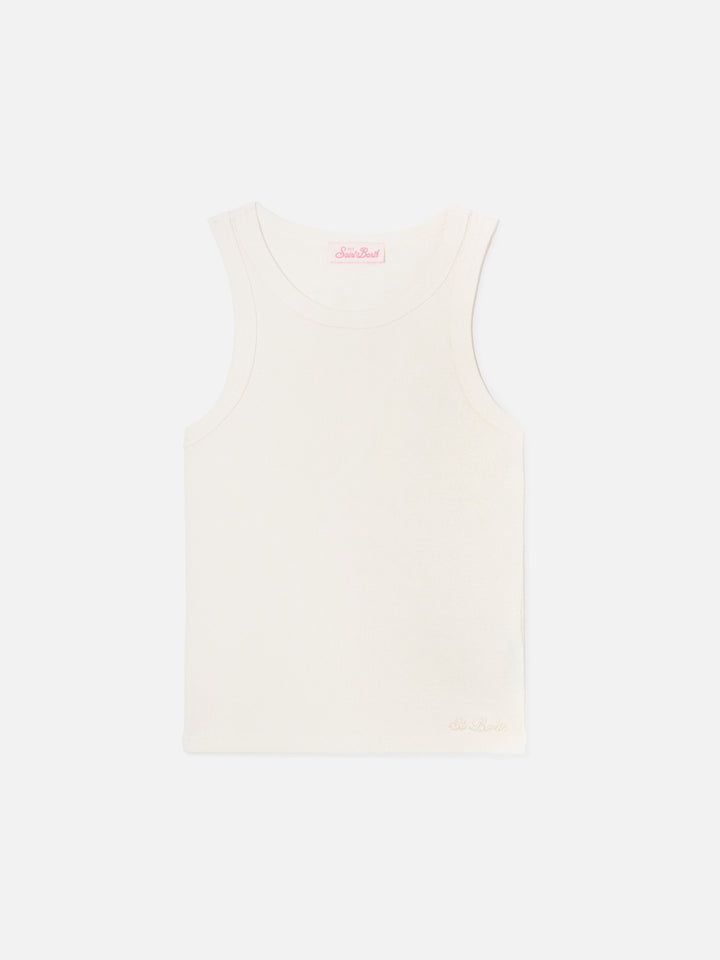 White ribbed Ada tank top with embroidery