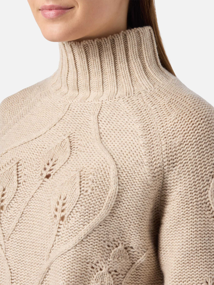 Beige high-neck Alais sweater in cashmere blend with 3D flowers