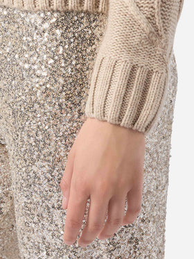Beige high-neck Alais sweater in cashmere blend with 3D flowers