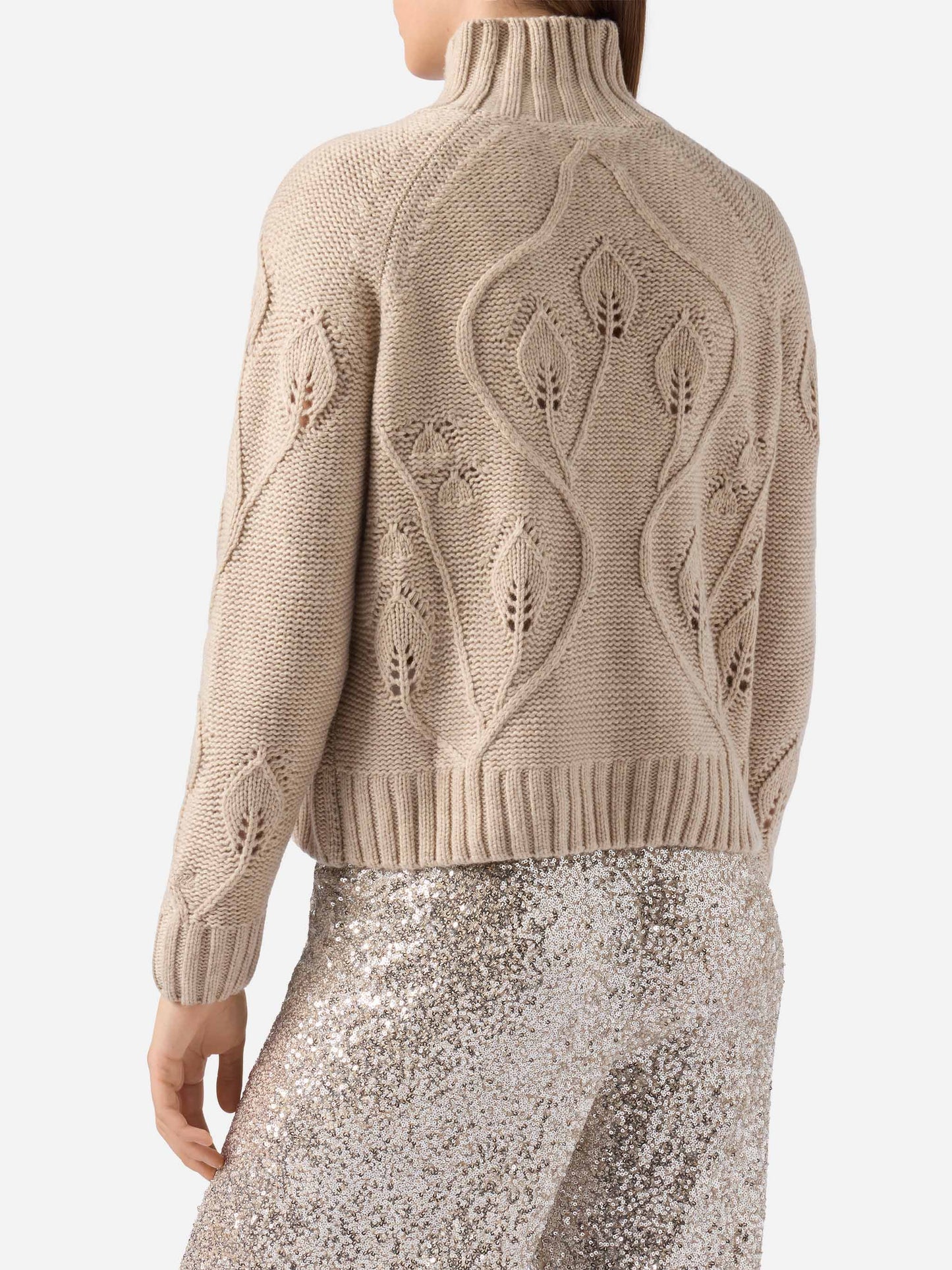 Beige high-neck Alais sweater in cashmere blend with 3D flowers