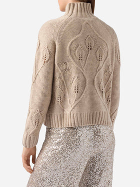Beige high-neck Alais sweater in cashmere blend with 3D flowers