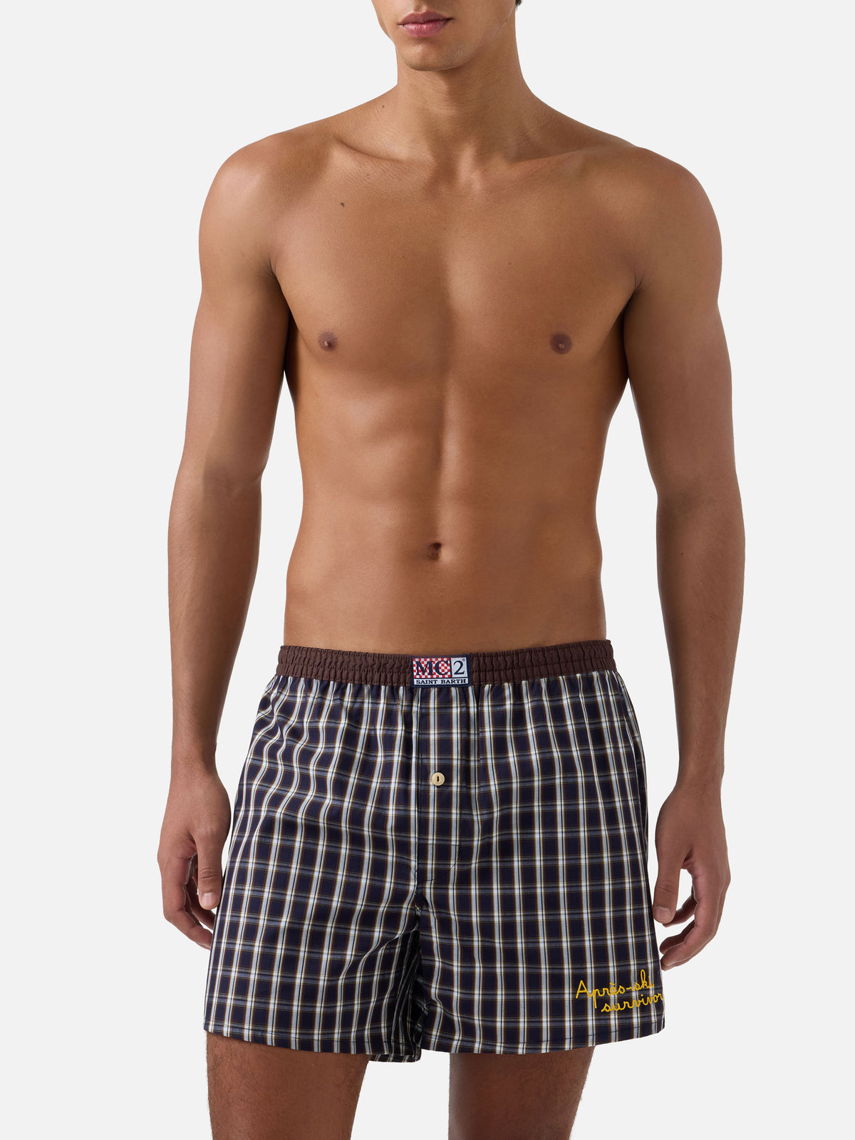 Navy blue Adam cotton boxer with tartan print