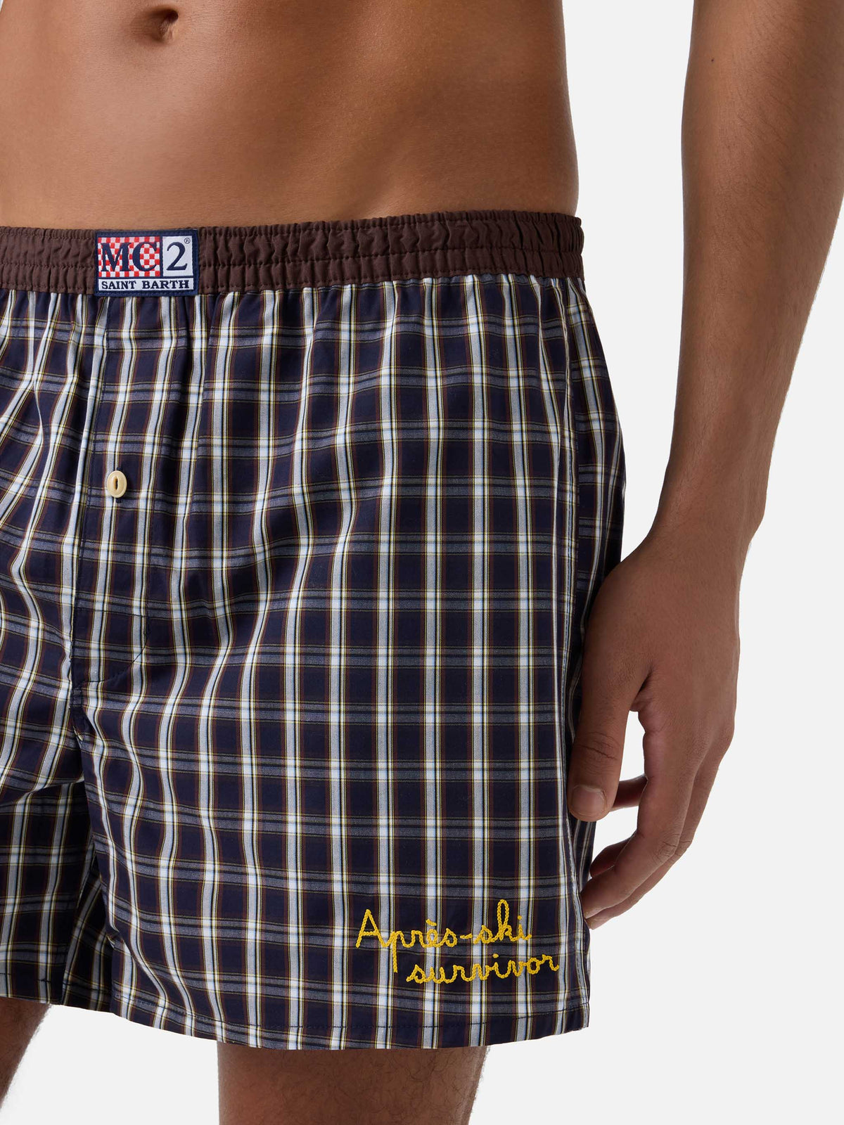 Navy blue Adam cotton boxer with tartan print