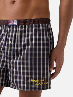 Navy blue Adam cotton boxer with tartan print