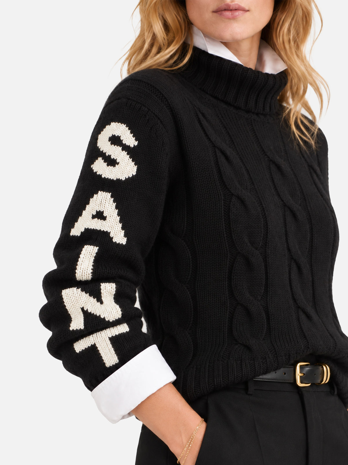 Schwarzer, geflochtener Rollkragenpullover Adler mit Saint Barth-Jacquard 