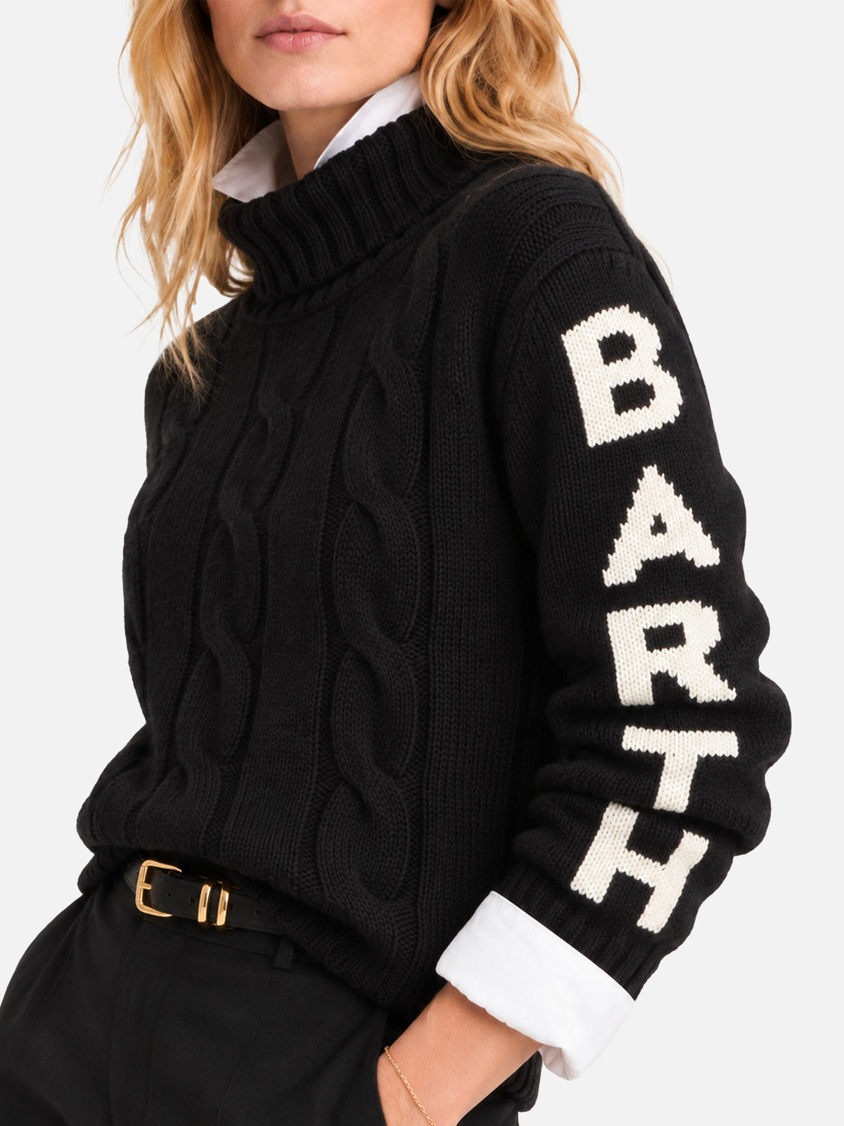 Schwarzer, geflochtener Rollkragenpullover Adler mit Saint Barth-Jacquard 