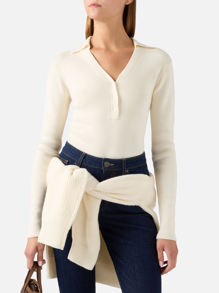 Body in maglia Aelis off white in lana con collo polo